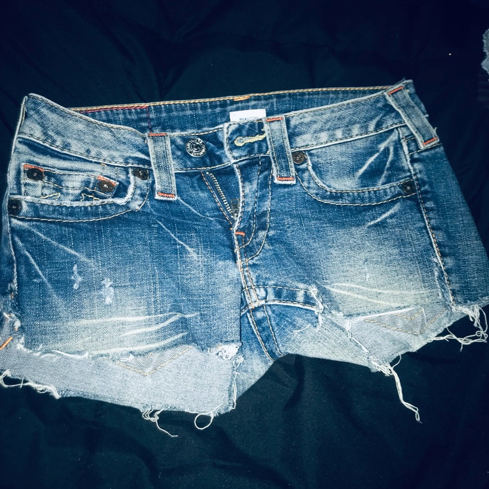 True Religion Distressed Medium Blue Denim Cutoff Shorts